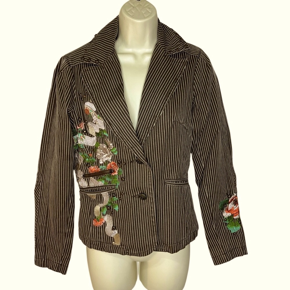 Love Stitch Striped Brown and White Women's Jacket with Floral Embroidery